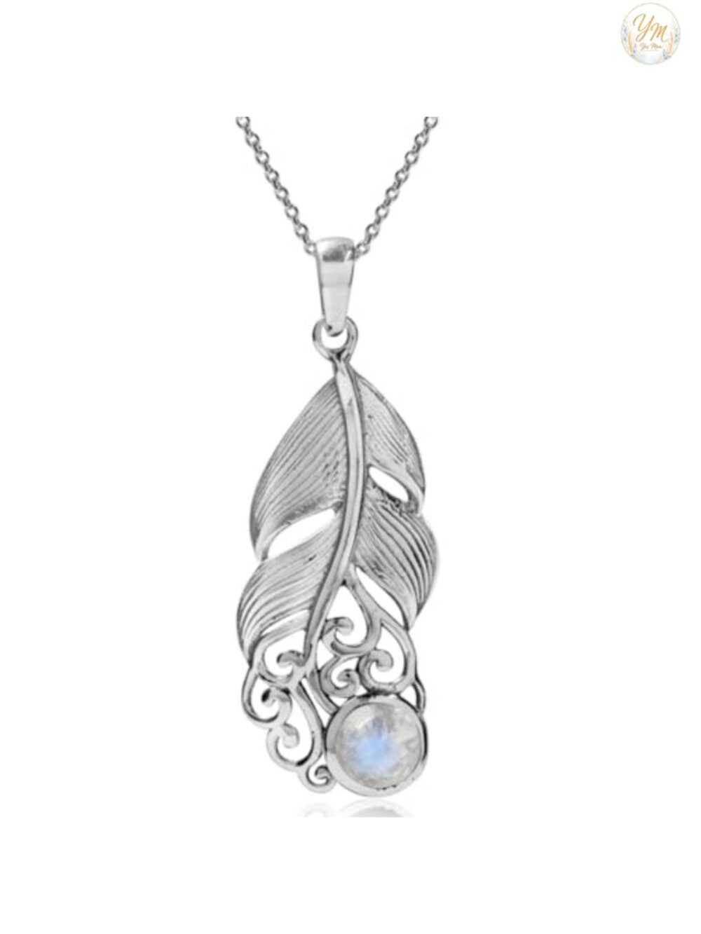 Sterling Silver Moonstone Feather Victorian Pendant Necklace 18 Inch Chain